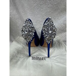Badgley Mischka Kiara Embellished Peep-Toe Pumps -Sapphire Satin Blue Size 7.5